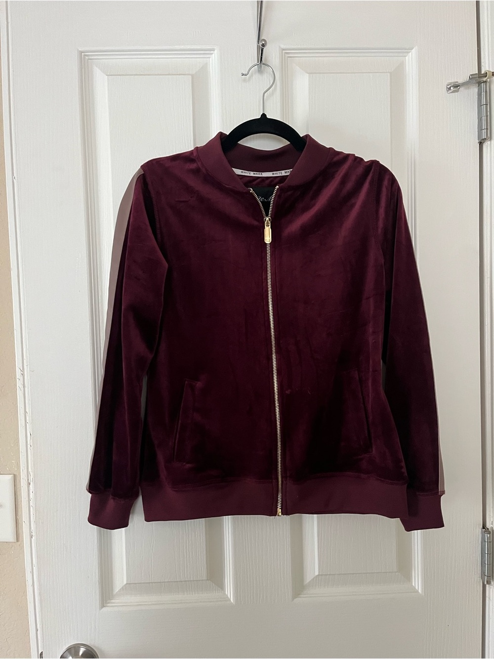 White Mark Velvet Bomber Jacket in Burgundy